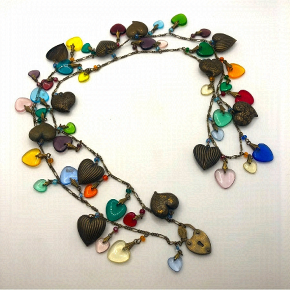Vtg Glass Works Studio Ltd GWS Brass & Glass Heart Charm Necklace Extra Long 36” - Picture 3 of 6